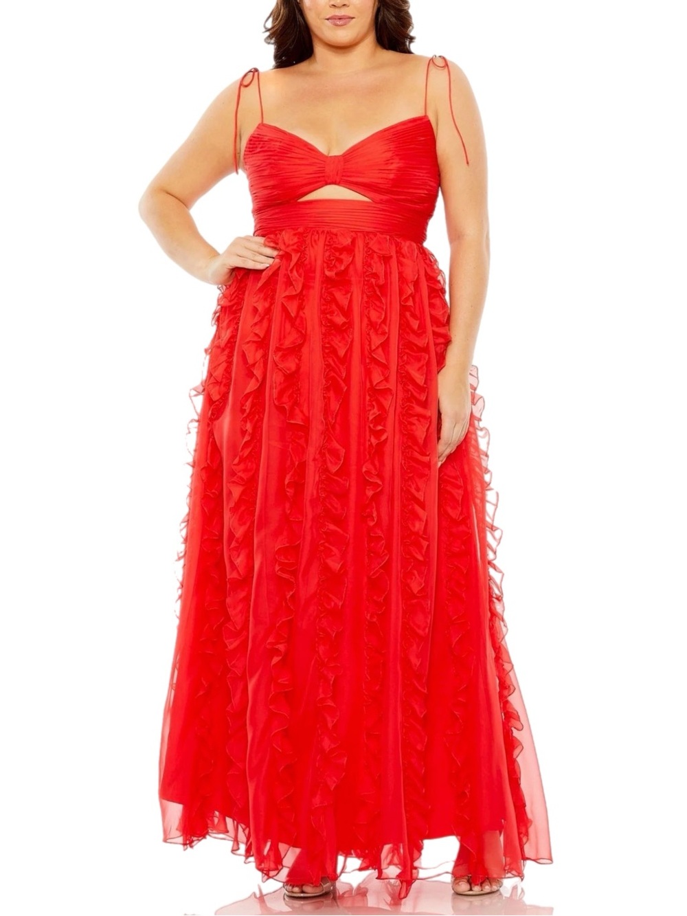 NWOT Mac Duggal $498 MSRP Cherry Ruffle Cut-Out Empire Waist Chiffon Gown 14W